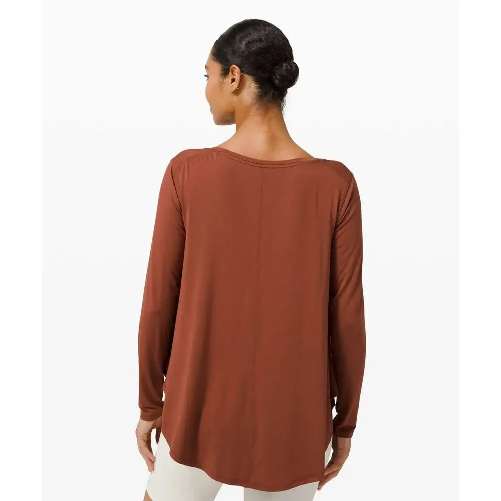 Lululemon Dark Terracotta Orange Red Up for Down Time Long Sleeve V Neck Top 8